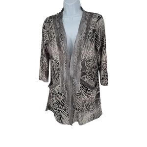 Kamana Women's Tropical Gray Cardigan Embroidered White Pockets Fits Like Medium